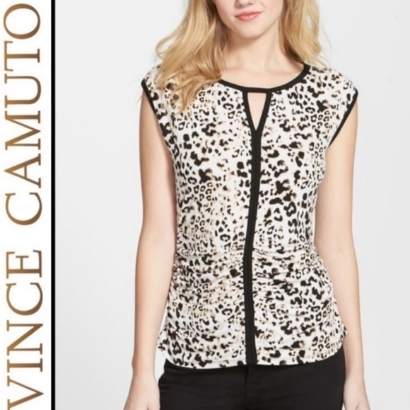 Vince Camuto Sleeveless Animal Print Ruched Blouse with Keyhole - Picture 1 of 8
